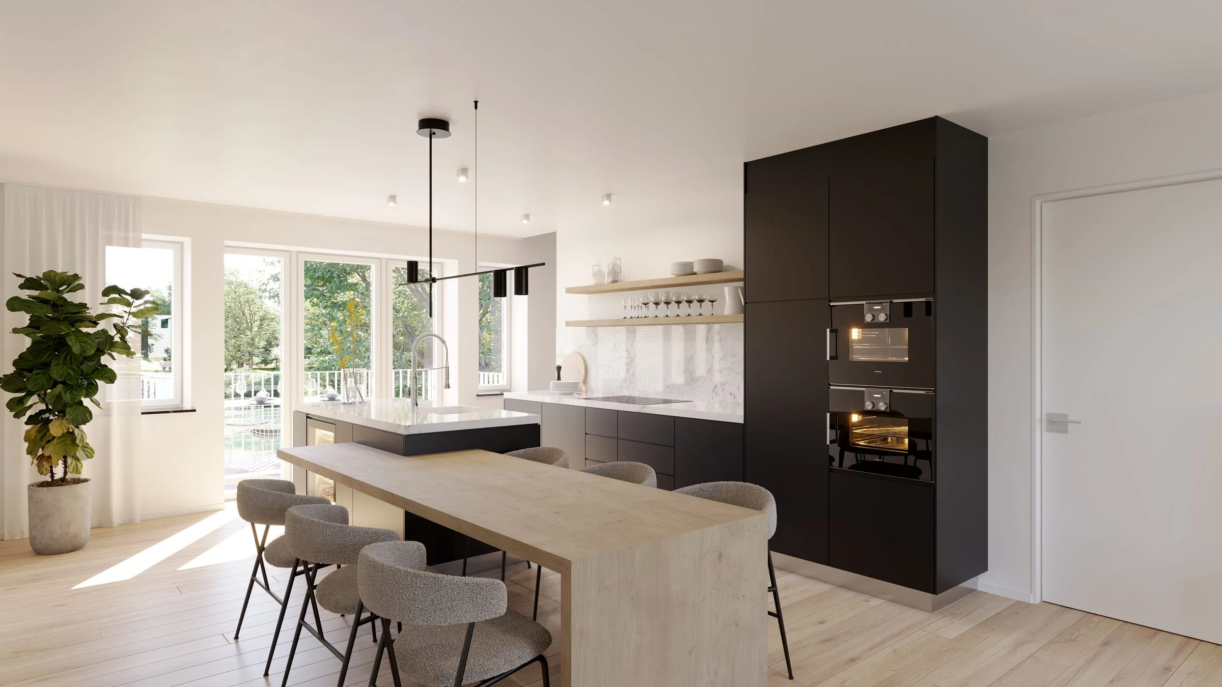Keuken met eiland en eettafel in een appartement van de dokterswoning