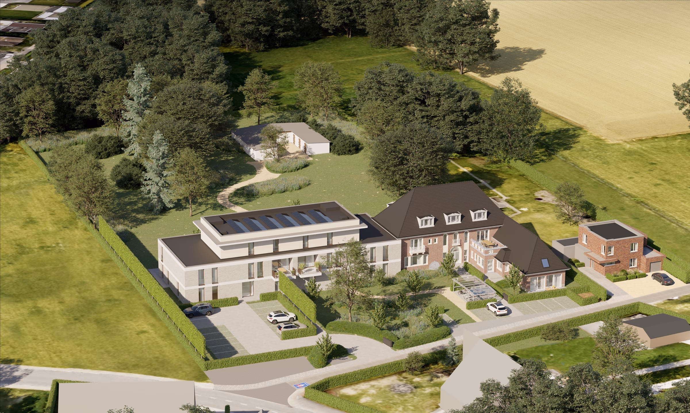 Luchtbeeld van Parkhof tussen het groen en de velden