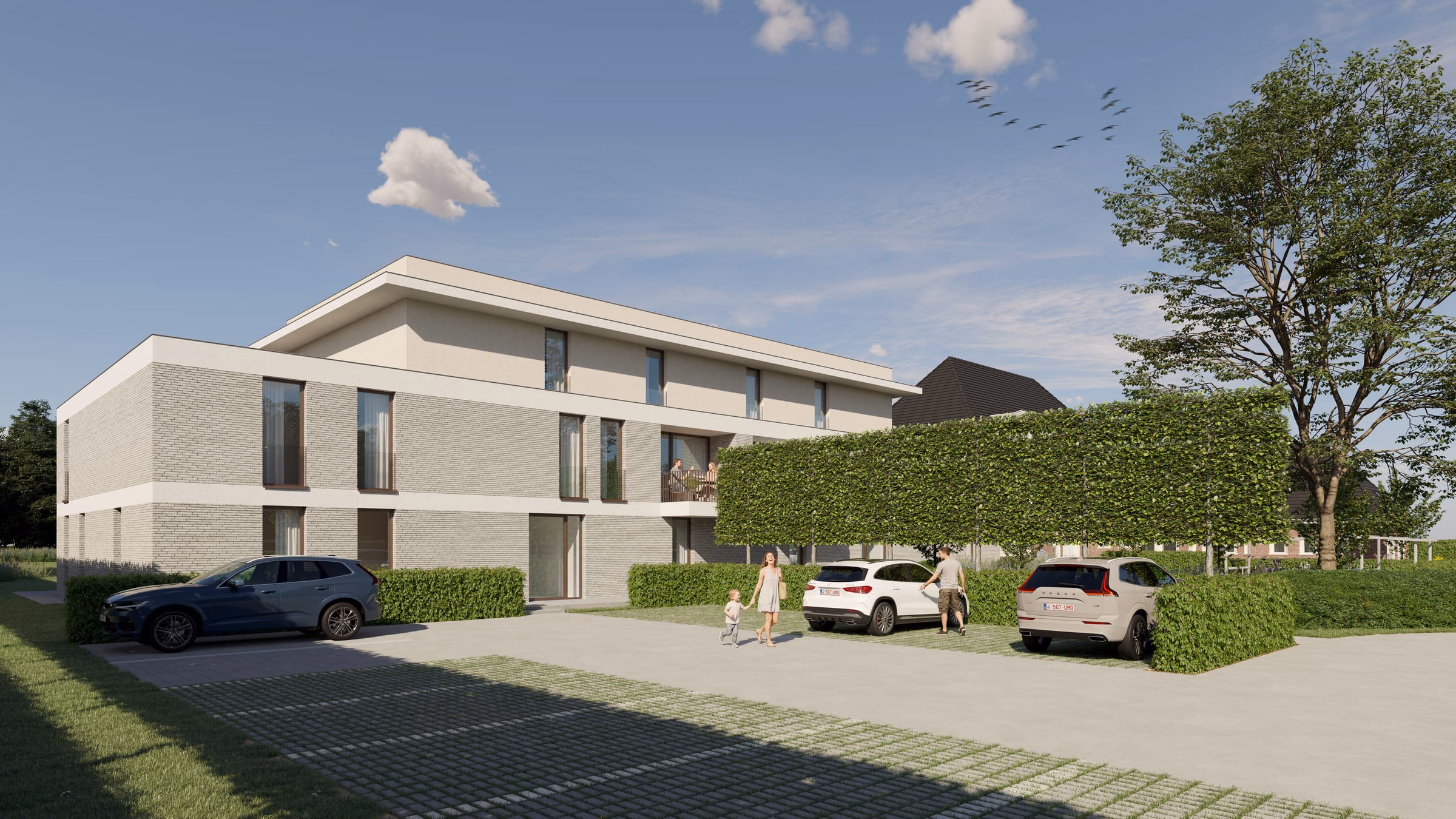 Parkeerplaatsen vooraan de nieuwbouw van Parkhof