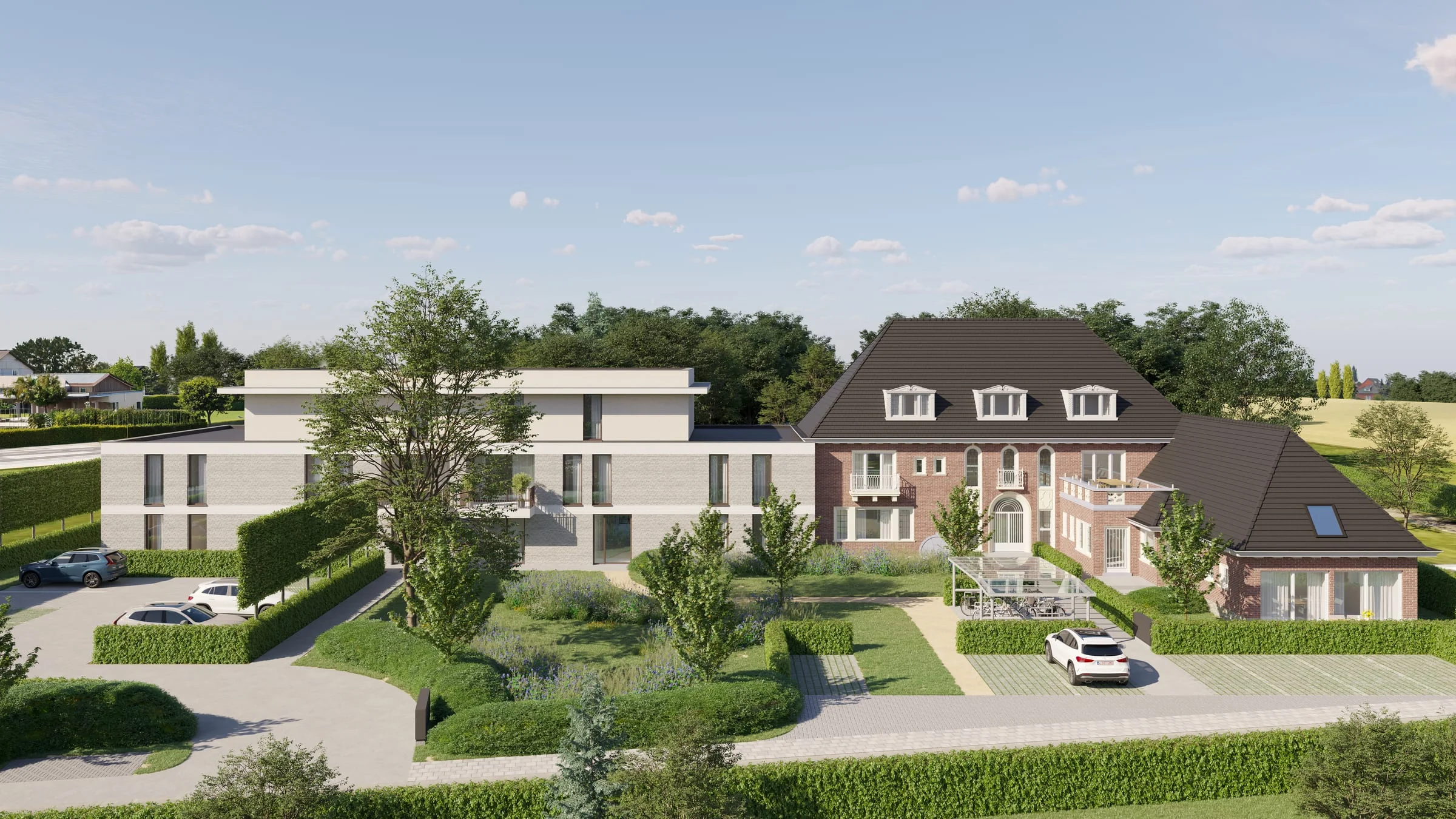 Parkhof vanaf de straat met de nieuwbouw, de dokterswoning en de parktuin