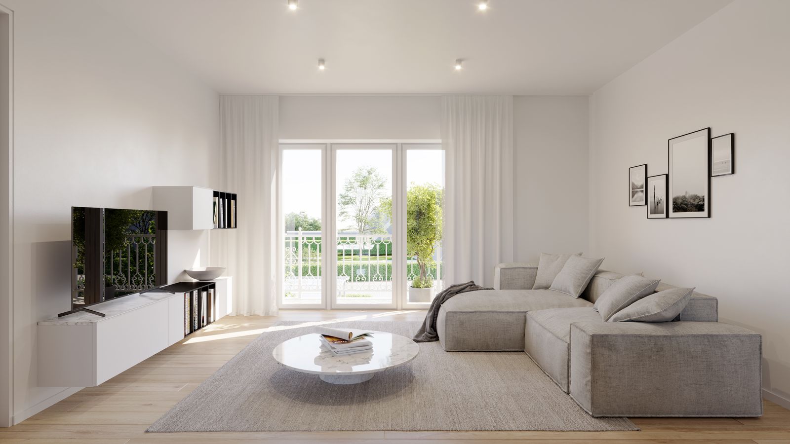 Minimalistische woonkamer met tuinzicht